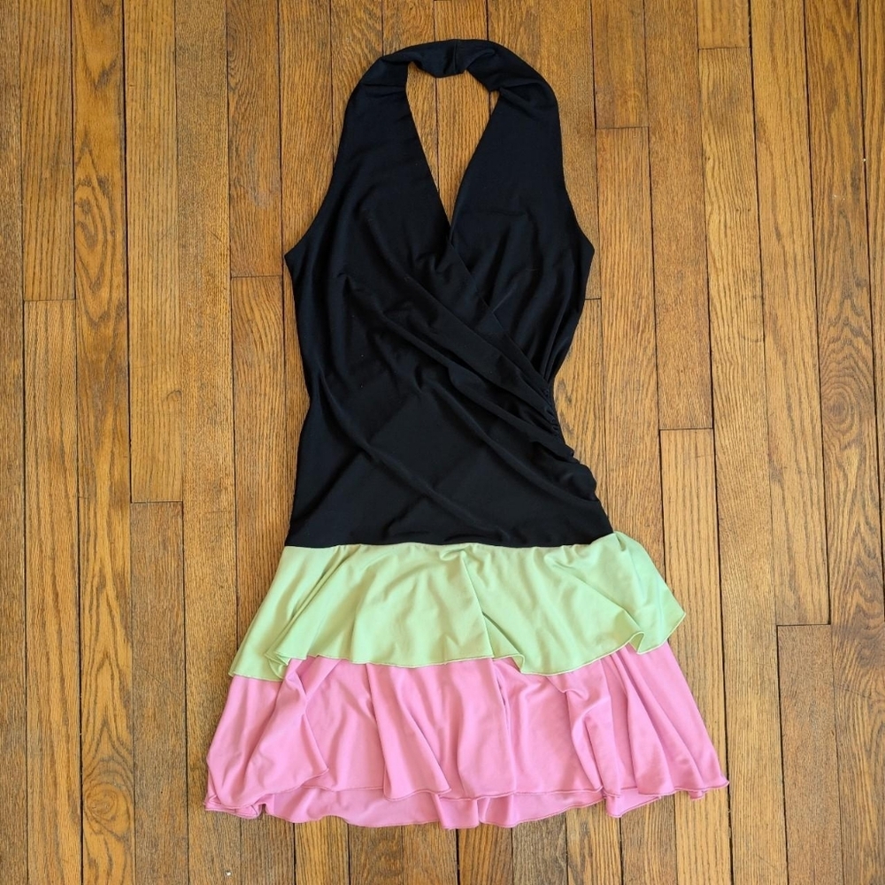 Vintage 90's City Triangles Black Halter Neck Dress w Tiered Ruching Wrap Dress